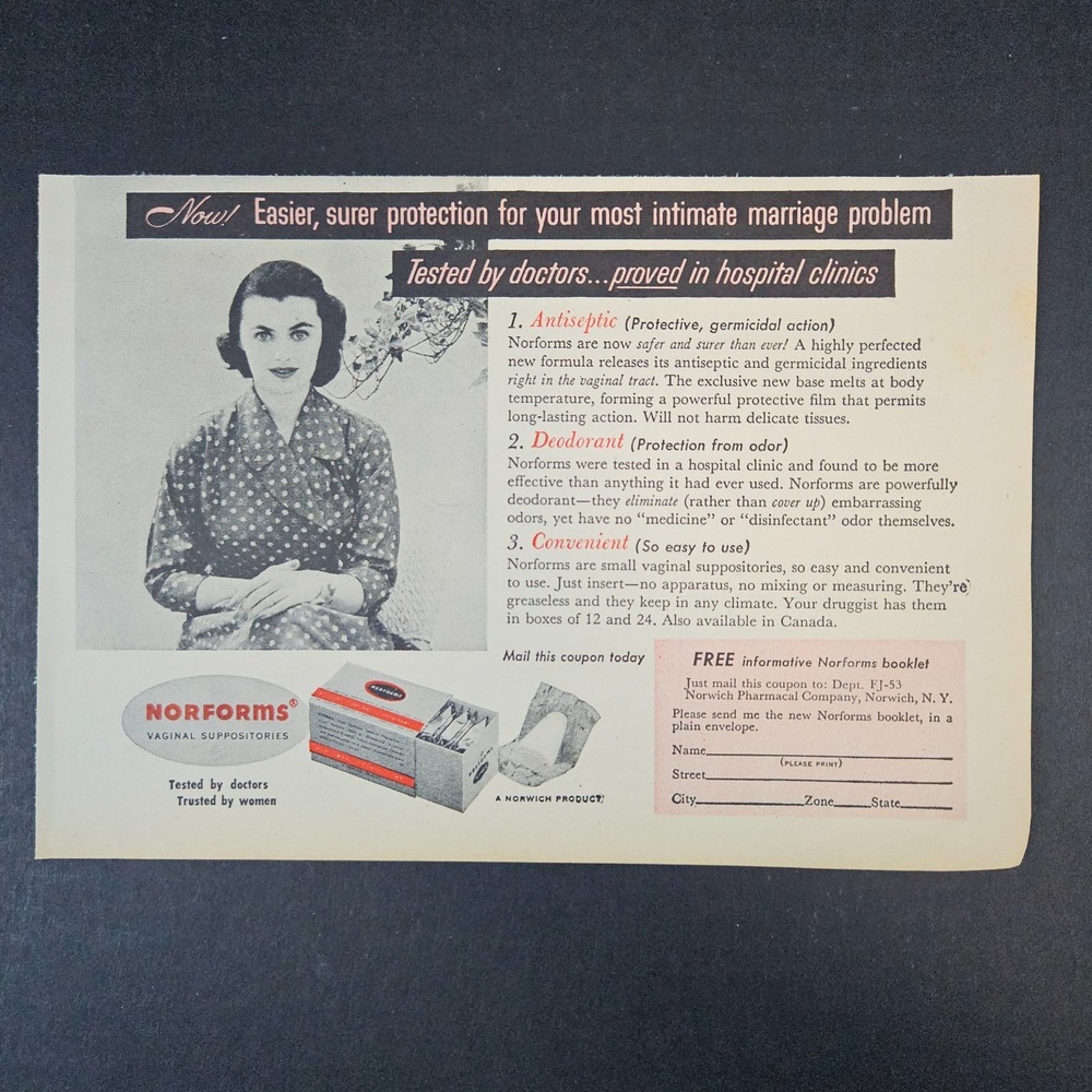 1955 Norforms Vaginal Suppositories Vintage Print Ad Norwich NY Pharmacal Co